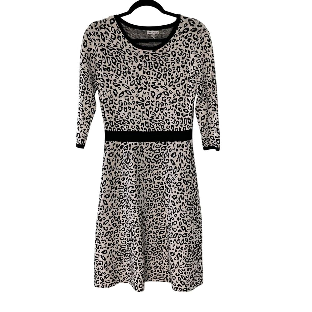 Nina Leonard Leopard Print Sweater Dress S Black White 3/4 Sleeves Mob Wife